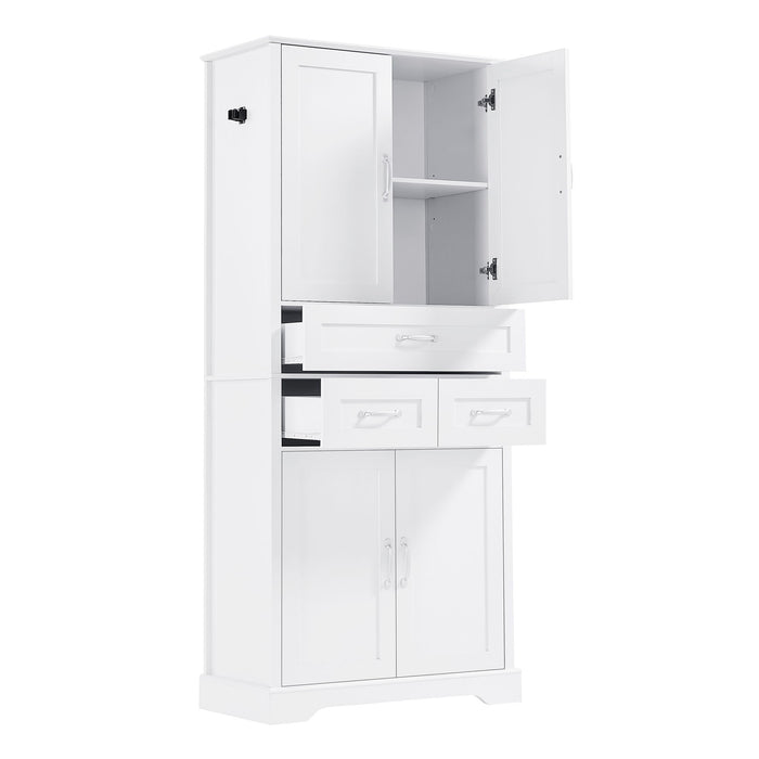 Tall Bathroom Storage Cabinet With 4 Doors 3 Drawers Adjustable Shelves - White