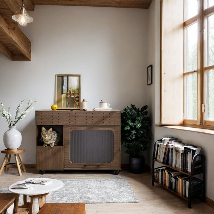 Furniture Style Multi Use Cat Litter Box House With Storage - Walnut