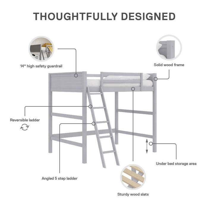 Denver - Full Size Loft Bed, Spacious Under Bed Space, Ladder & Guardrails - Gray