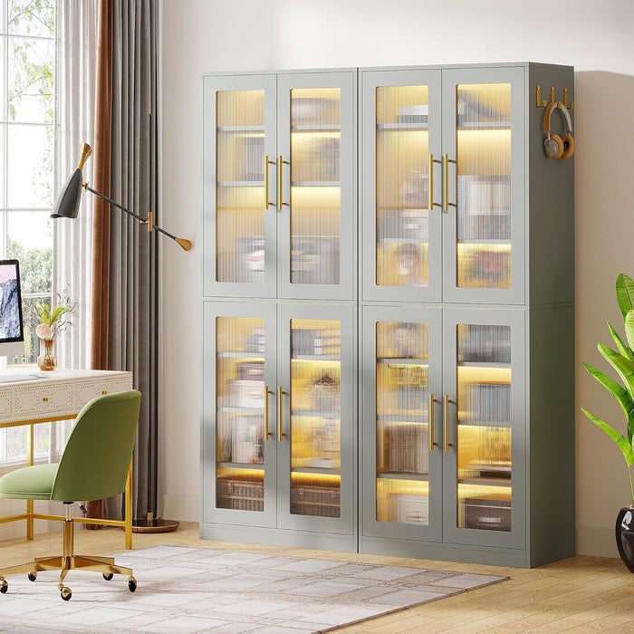 Bookcase With Doors And LED Lighting, 8 Adjustable Shelves Storage Cabinet