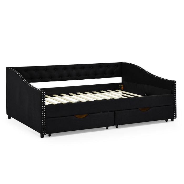 Upholstered Tufted Daybed With 2 Drawers, Waved Arms