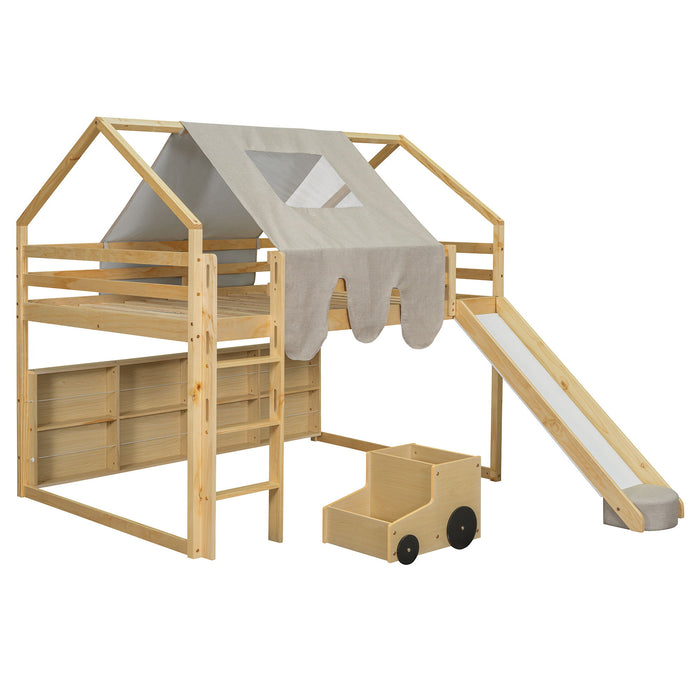 Loft Bed With House Shaped Frame And Tent