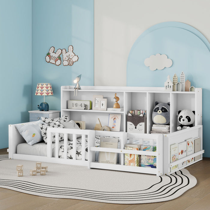 Platform Bed Frame With Guardrail, Storage Shelves & Bookshelf