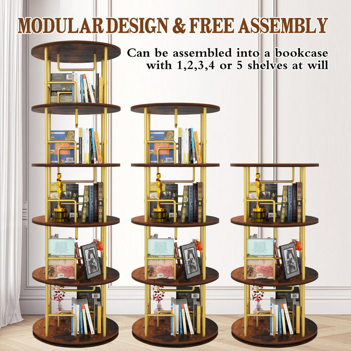 5 Tier 360 Rotating Bookshelf, Display Round Floor Standing Swivel Bookcase For Bedroom - Golden