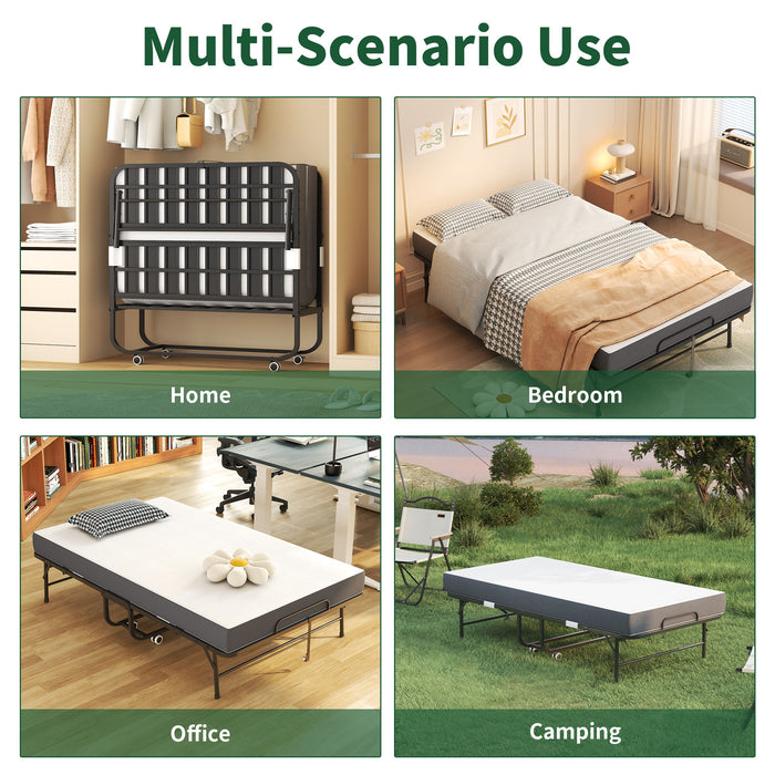 Twin Wide Folding Bed For Tall People, Extra Long & Wide Rollaway With Memory Foam, Heavy-Duty - Black