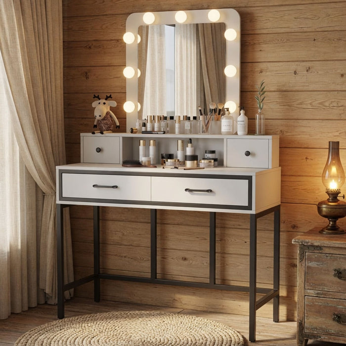 Vanity Desk With 3 Color Lighted Mirror And 4 Drawers