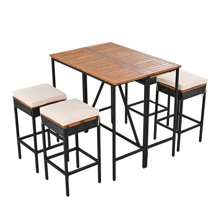 Outdoor Acacia Wood Bar Height Table And Eight Stools With Cushions