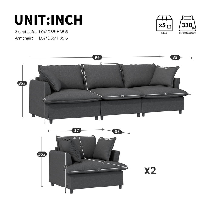 Living Room Set Modular Sectional Couch, Upholstered Sofa & Armchair & Movable Ottoman