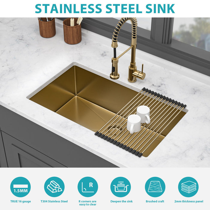 Gold Finish Undermount Stainless Steel Kitchen Sink 32" X 19" 16 Gauge Deep Single Bowl