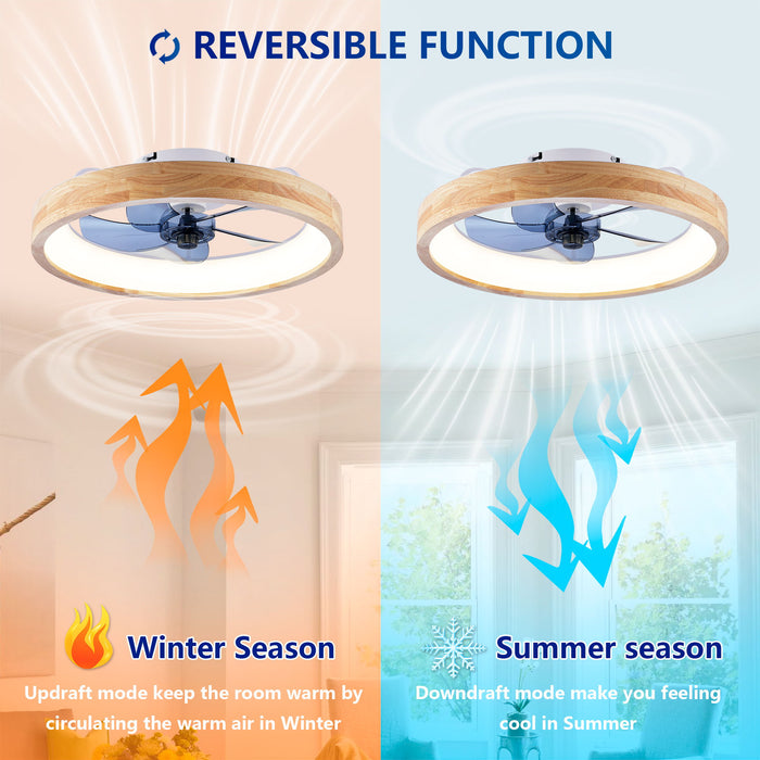 Ceiling Fans With Lights And Remote, 3000 - 6500K Dimmable Flush Mount LED Fan Light, 6 Speeds, Quiet DC Motor For Living Room - Matte White / Natural Wood