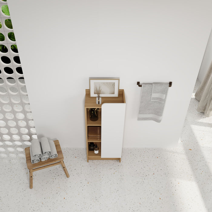 Freestanding Bathroom Side Cabinet, Narrow Storage Cabinet With Single Door & 3 Tier Open Shelves - Black / Light Oak / White