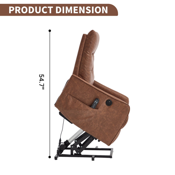 Single Motor Power Lift Recliner Chair With Massage And Heat, USB For Charging - Brown
