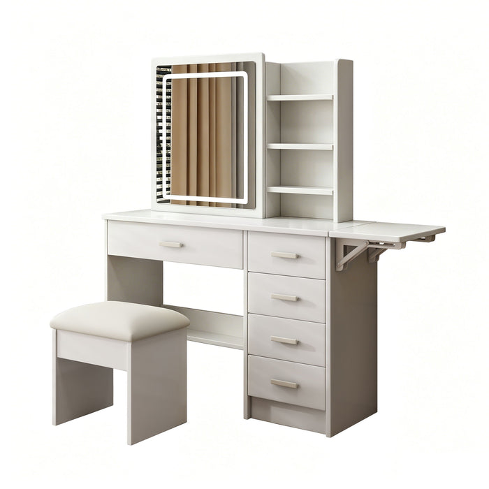 Fashion Vanity Desk With Mirror And Lights For Makeup, 5 Drawers, Adjustable Lighting - White