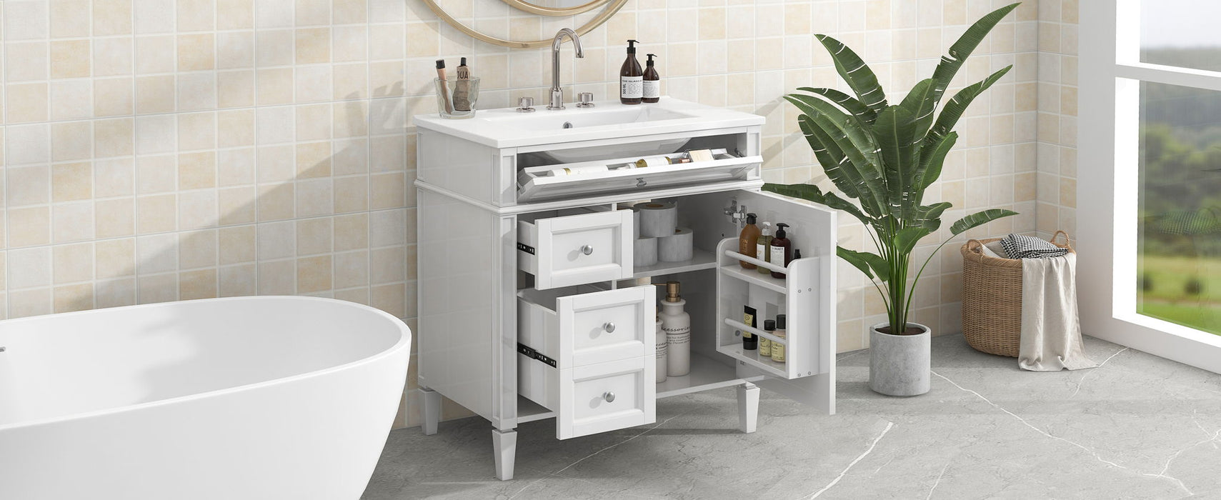 Bathroom Vanity With Top Sink, Modern Bathroom Storage Cabinet With 2 Drawers And A Tip-Out Drawer