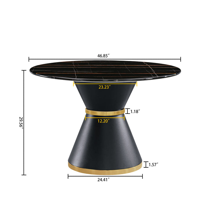 Marble Printed Round Dining Table - Black Columnar Base With Gold Annulus Not Including Chairs - Black