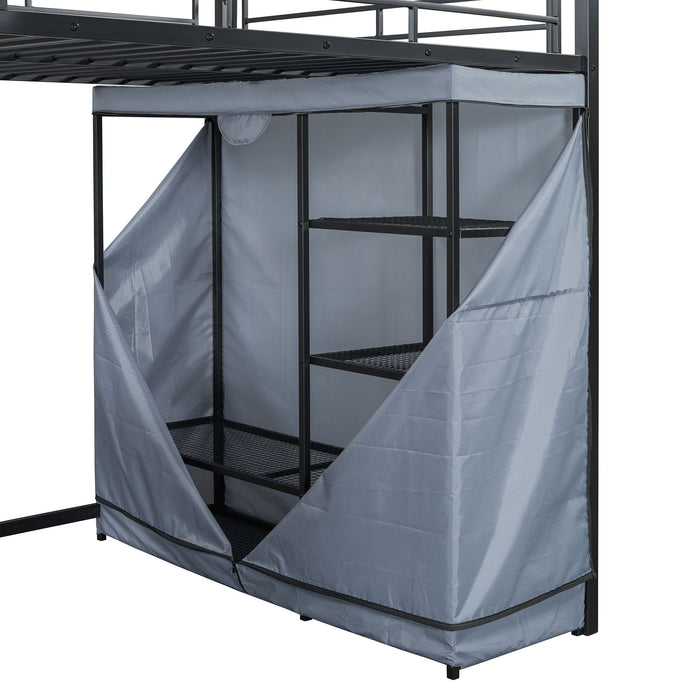 Loft Bed With Desk, Shelves, Power Outlet, LED Light And Wardrobe