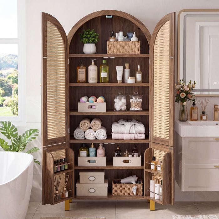 Tall Arched Cabinet With Rattan Doors & Adjustable Shelves