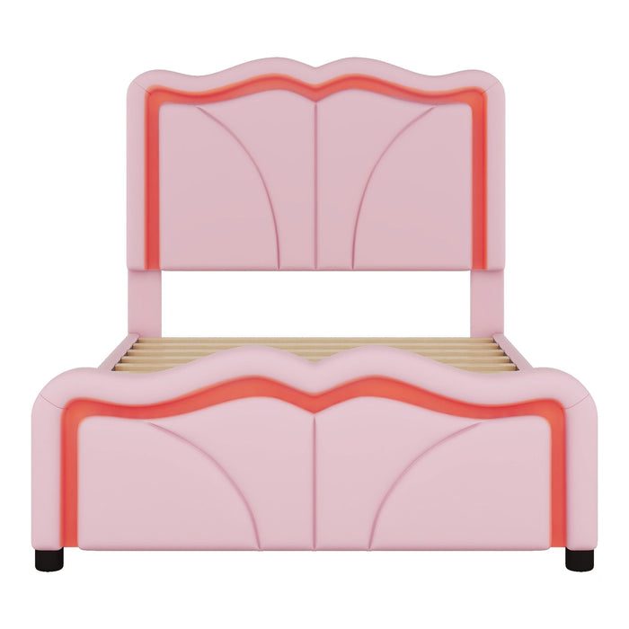 Upholstered Platform Bed & Curve Shaped And Height Adjustable Headboard, LED Light Strips