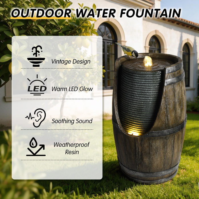 Rustic Barrel Water Fountain With LED Light