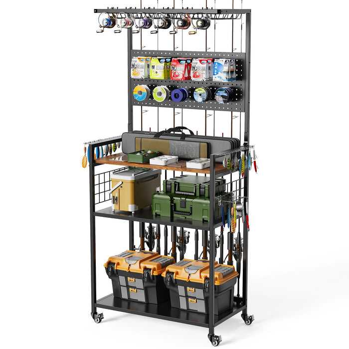 Fishing Rod Storage Rack With Pegboard, Rolling Tackle Organizer Cart - Black