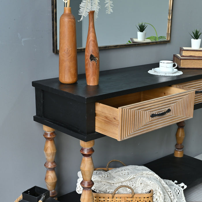 Accent Carved Console Table With Open Shelf And 2 Drawers Living Room - Black / Natural Wood Wash