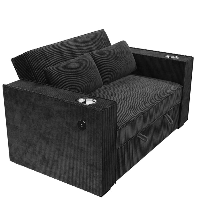 Modern Style Convertible Sofa With Pull-Out Bed, USB Ports & Cup Holders