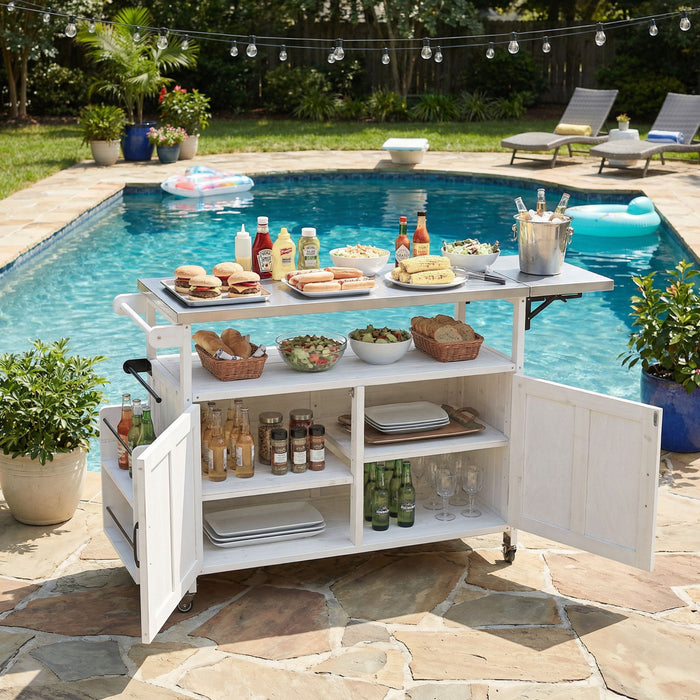 Foldable Outdoor Kitchen Island With Lockable Wheels, Storage Cabinet And Towel Rack For Patio