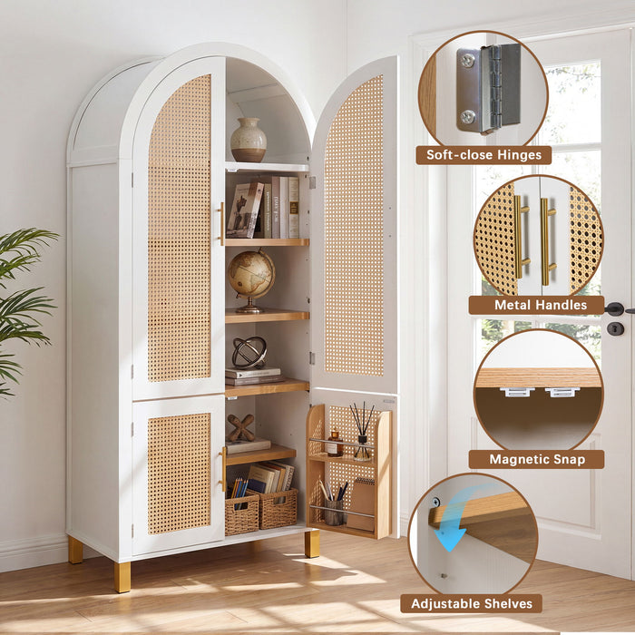 Tall Arched Cabinet With Rattan Doors & Adjustable Shelves