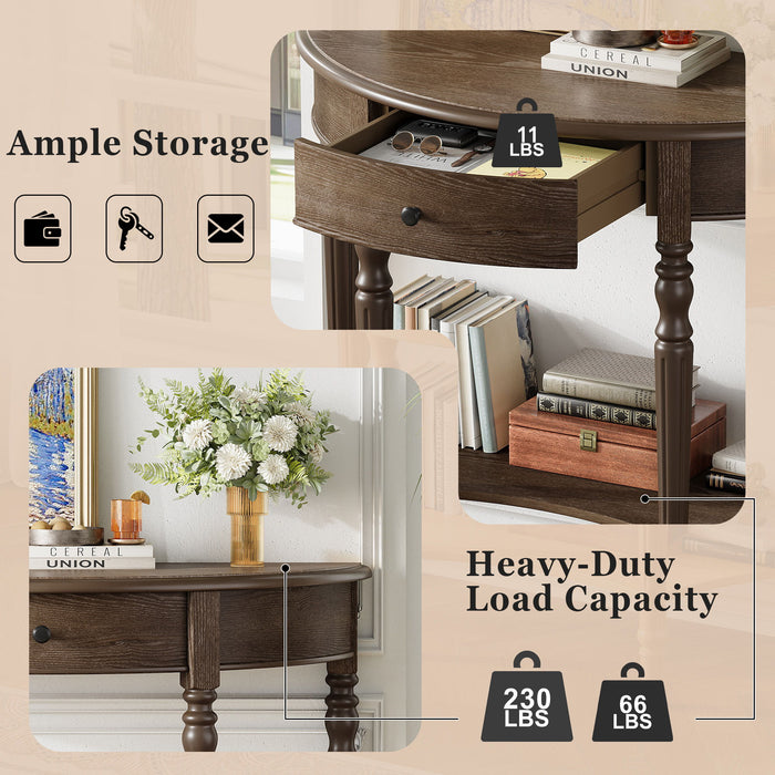 Half Moon Console Table With Drawer & Shelf For Living Room - Walnut