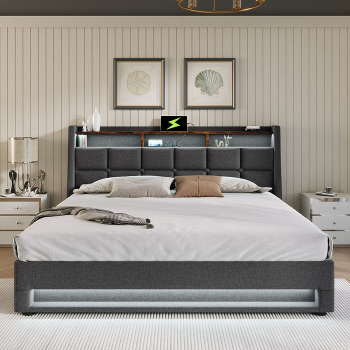 Platform Bed With Hydraulic Storage, LED Lighting & Charging Station