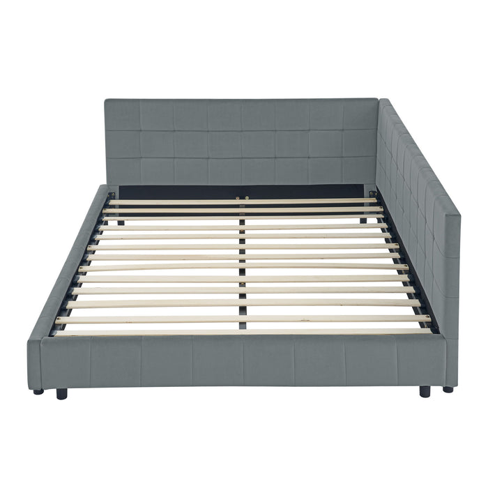Mid-Century Storage Upholstered Tufted Bed Frame With Backrest And Armrests