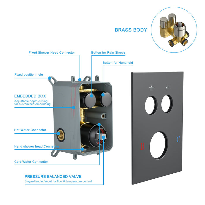 Dual Shower Head System With Square Rain Shower And Rough In Valve