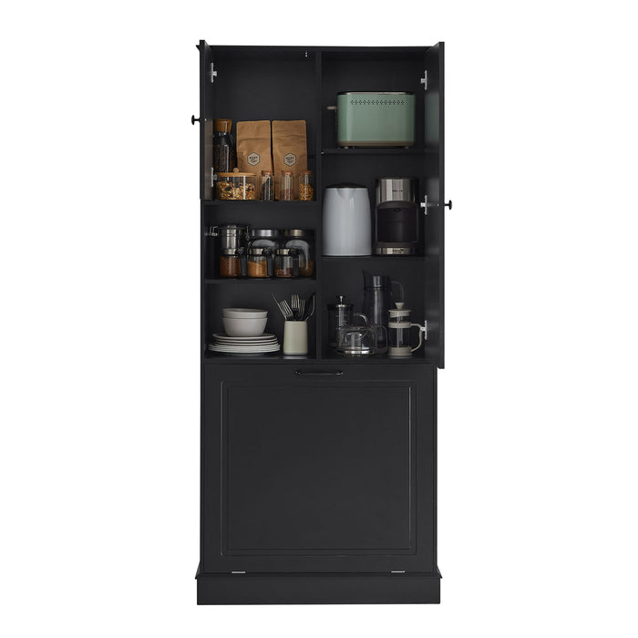 Modern Tall Storage Cabinet With Adjustable Shelves, Flip-Out Basket & Enclosed Doors