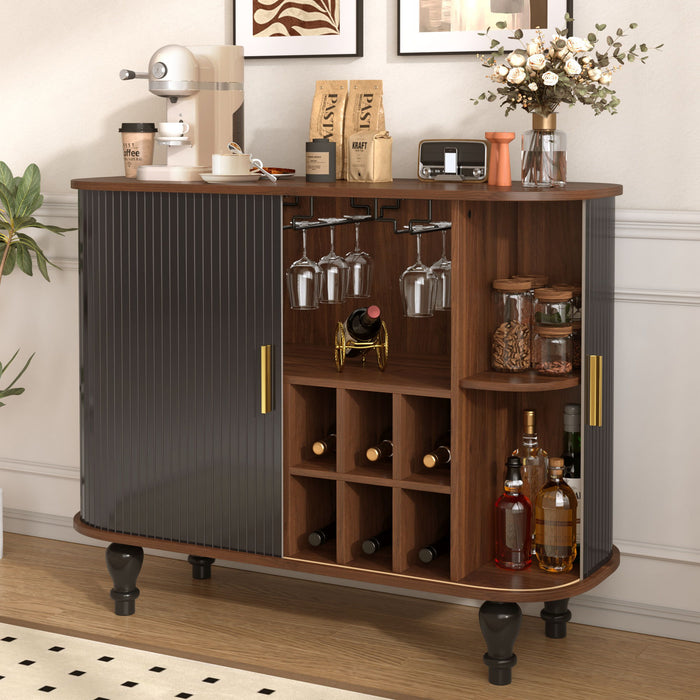 Fluted Liquor & Coffee Bar Cabinet With 6 Wine Racks And 3 Glass Holders