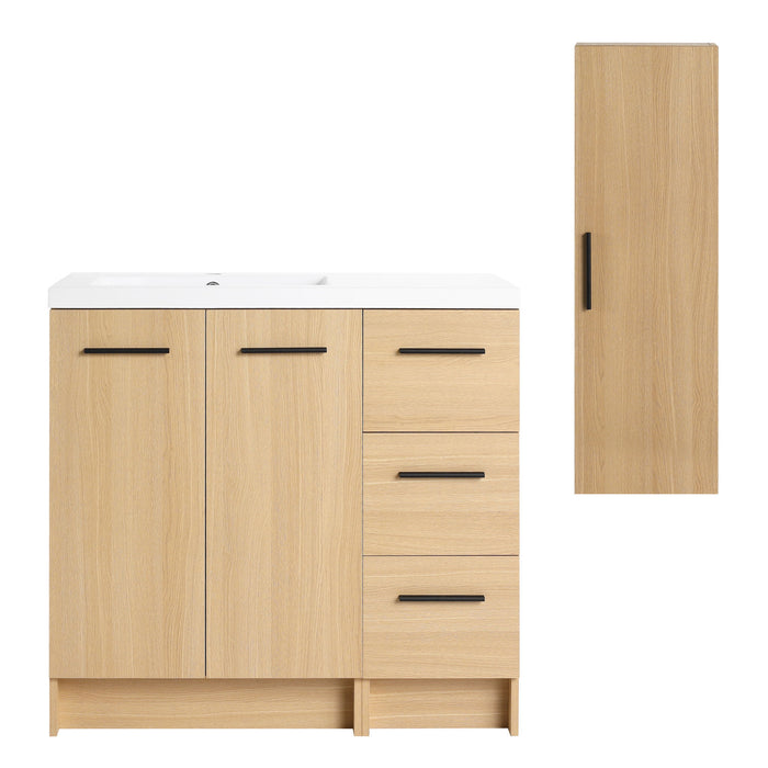 Freestanding Bathroom Vanity Set With Tall Linen Cabinet, 3 Drawers And Large Storage, Single Sink