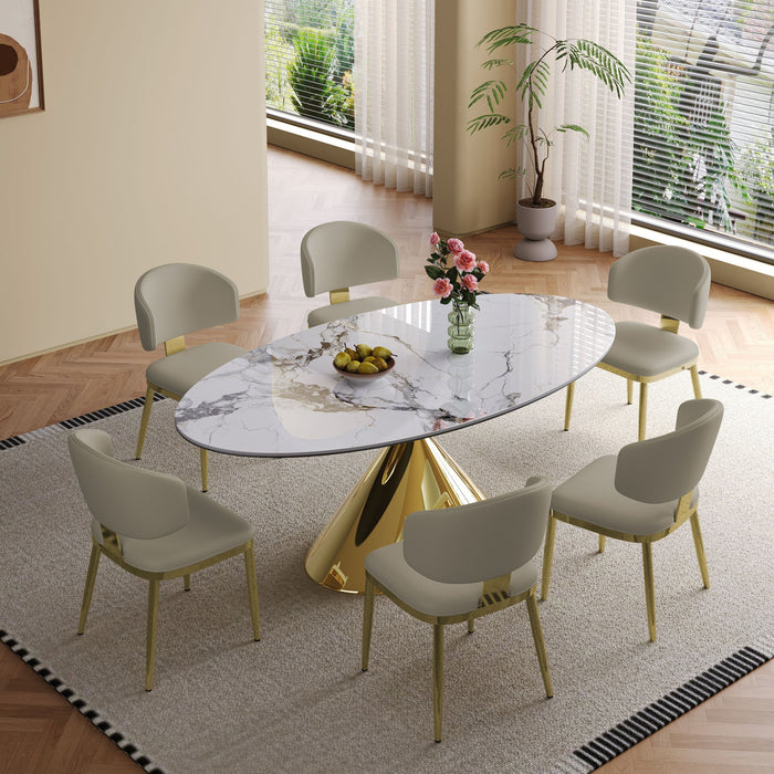 Modern Luxury Marble Dining Table Set Oval Kitchen Table With Stainless Steel Base - Gold / White Print