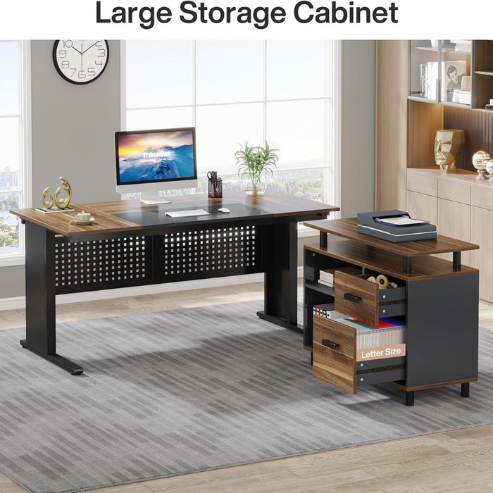 L-Shaped Executive Desk With File Cabinet , Office Workstation With Drawers, Shelves & Storage