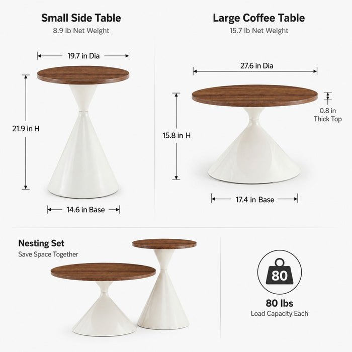 2 Piece Round Coffee Table Set - Walnut / White