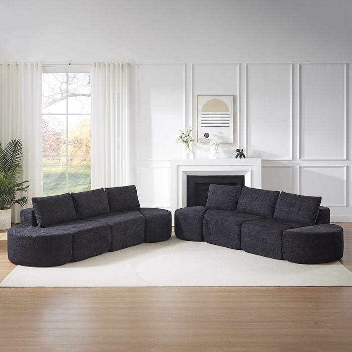 Modular Sectional Sofa With 6 Pillows And 4 Curved Footstools For Living Rooms - Black