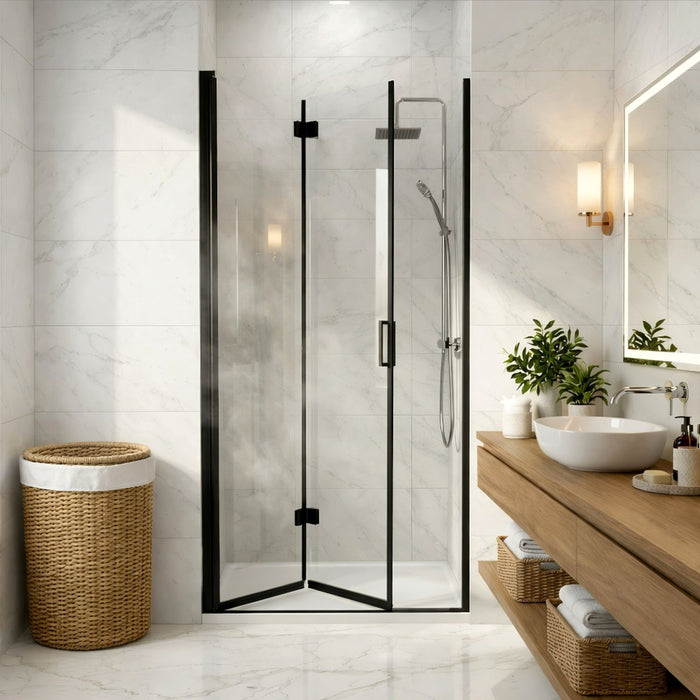Semi Frameless Bifold Pivot Shower Door, Reversible Installation