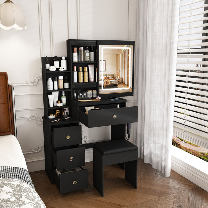 Vanity Desk With 3 LED Lighting Modes, 4 Drawers, Open Shelves, Hair Dryer Holder & Power Socket Dressing Table Set With Chair - Black