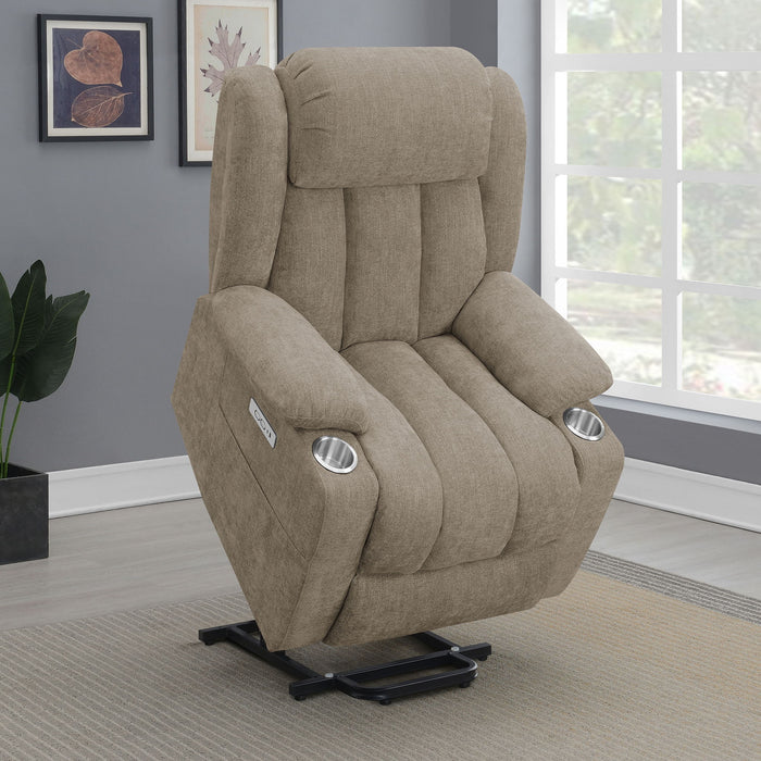 Beca - Upholstered Power Lift Recliner With Cupholders And USB Charging