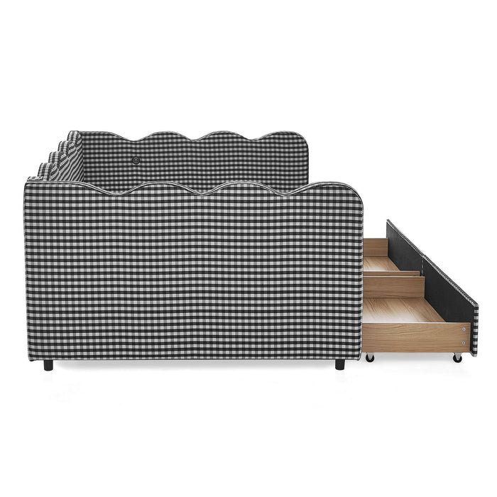 Gingham Daybed With USB Charging Port, Wave-Shaped Design