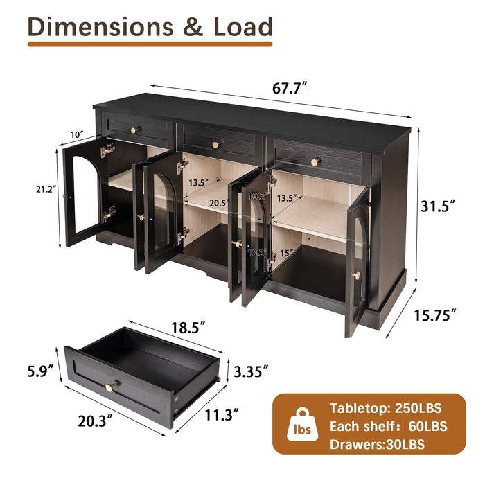 Sideboard Cabinet With 3 Drawers And 6 Arched Doors, Accent Storage Cabinet With Adjustable Shelves For Dining Room - Black