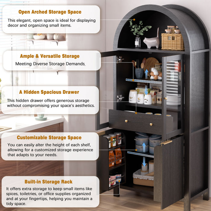 Fluted Tall Arched Pantry Cabinet With Adjustable Shelves, Glass Door & Hidden Drawer For Kitchen