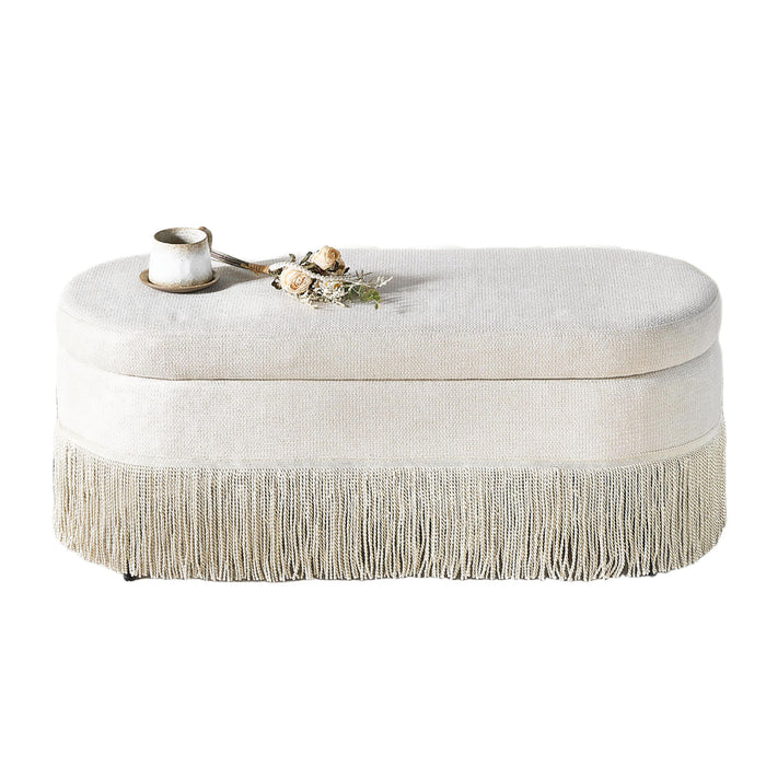 Oval Upholstered Storage Ottoman With Fringe Trim & Lift Top Lid