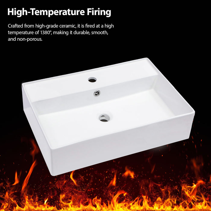 Modern Ceramic Rectangular Wall Mounted Bathroom Sink With Faucet Hole & Overflow