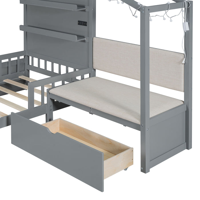 House Bed With Upholstered Sofa, Wireless Charging Station, Shelves And 2 Drawers