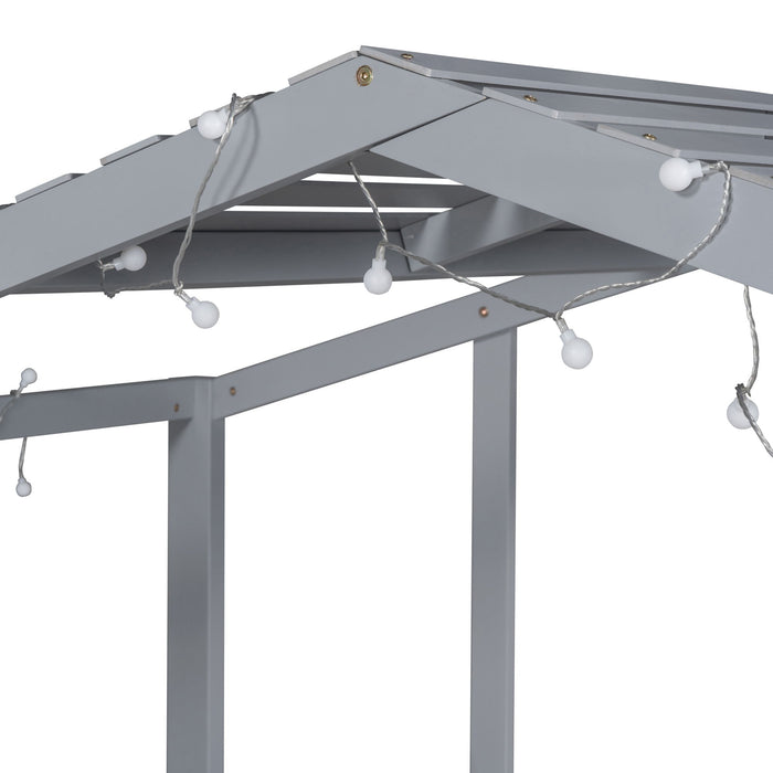 Loft House Bed With Ladder And Slide, With Blackboard And Light Strip On The Roof