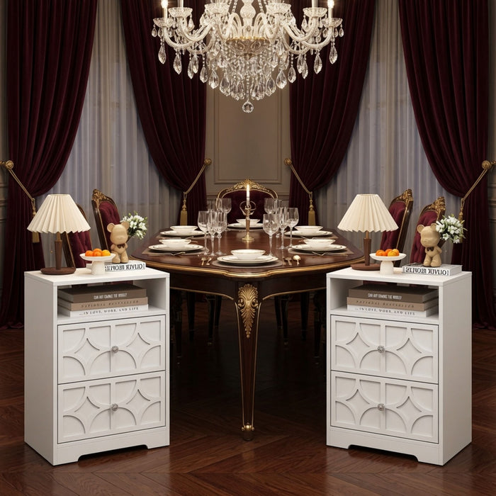 Nightstand With Diamond Carvings Handles, 2 Drawers & Charging Station